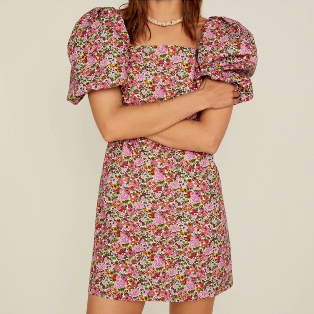 Mango Pink Floral Puff-Sleeve Mini Dress